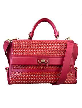 Salvatore Ferragamo Large Soft Sofia Woven Leather Bag Red Orange Gancini
